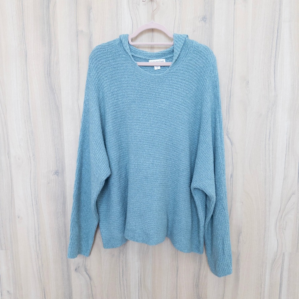 Coldwater Creek Womens Knit Hoodie 1X Blue Textured Pullover Cozy Casual Coastal